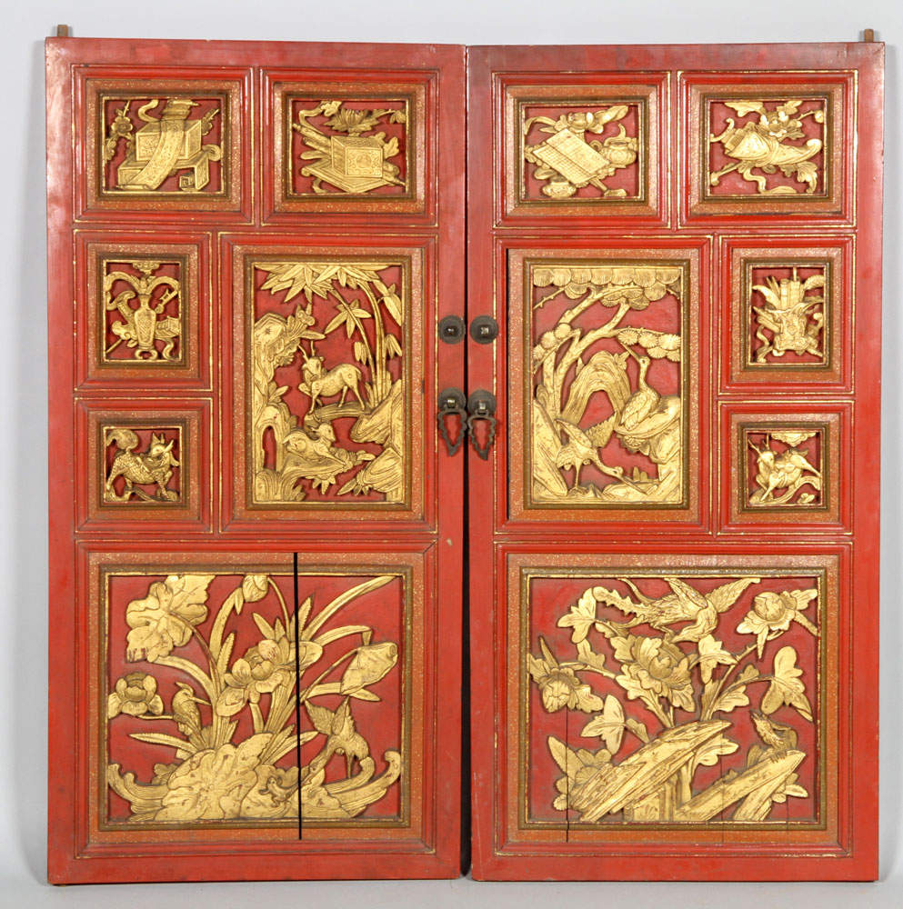 Appraisal: - Pr Chinese th C Gilt and Painted Doors Pair