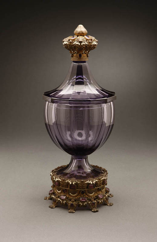 Appraisal: Continental gilt-metal amethyst glass covered urn Continental gilt-metal amethyst glass