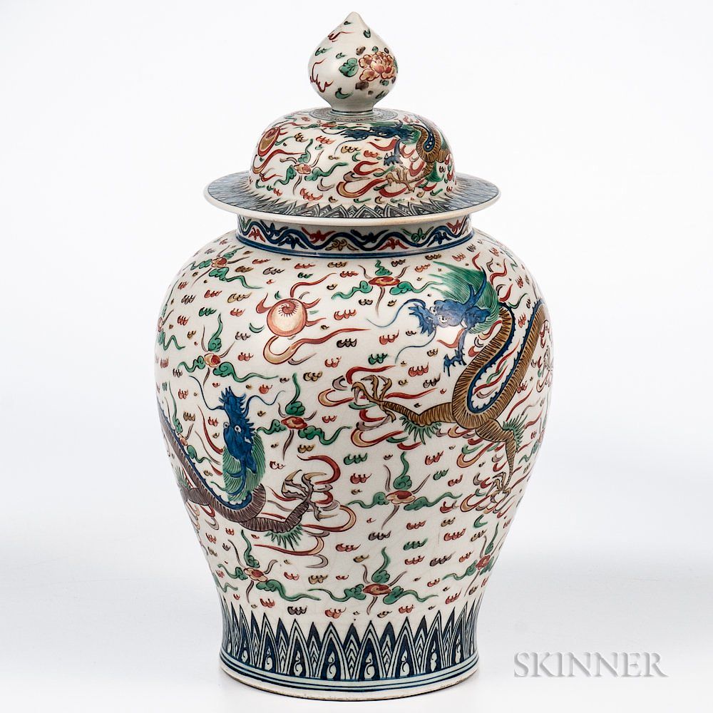 Appraisal: Wucai-style Kutani Ginger Jar and Cover Wucai-style Kutani Ginger Jar