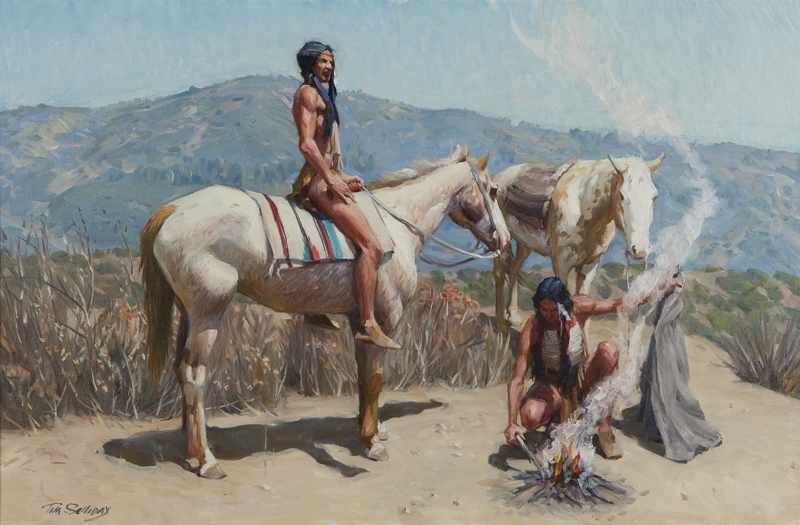 Appraisal: Apache Indians with horses oil on canvas '' H x