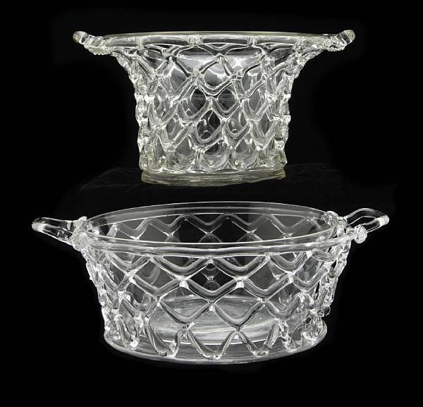 Appraisal: Two Steuben colorless glass lattice baskets Frederick Carder model and