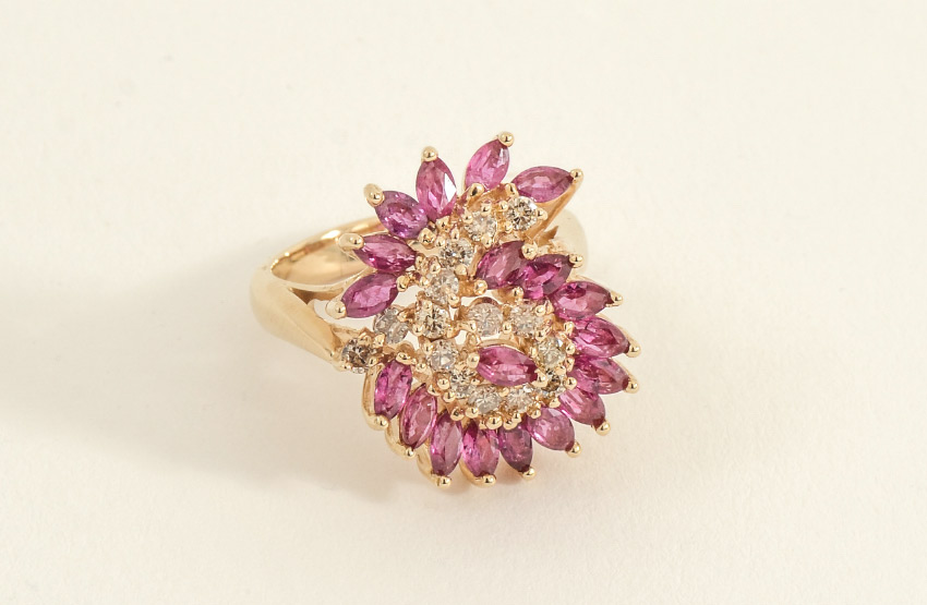 Appraisal: CTW RUBIES DIAMONDS IN K RING marquise cut rubies spiral