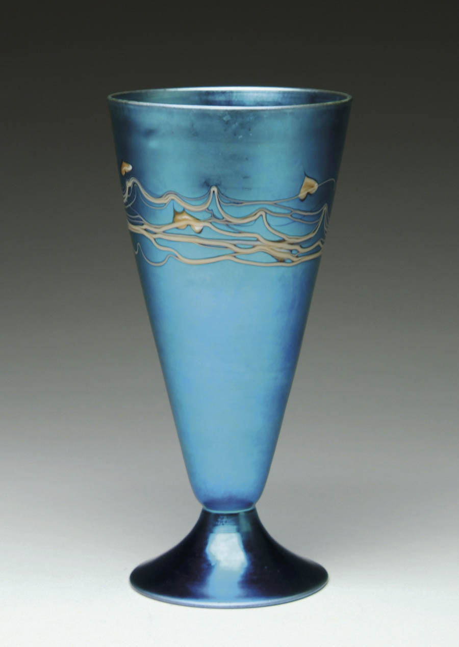 Appraisal: STEUBEN DECORATED BLUE AURENE VASE Wonderful Steuben vase is conical