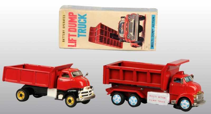 Appraisal: Lot of Tin Litho Dump Truck Toys Description Japanese Working