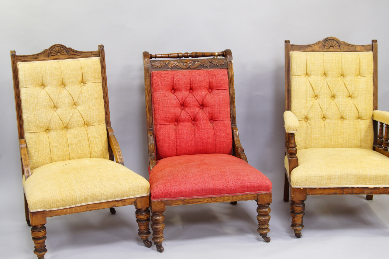 Appraisal: Three Victorian oak nursing chairs upholstered in button back overstuffed