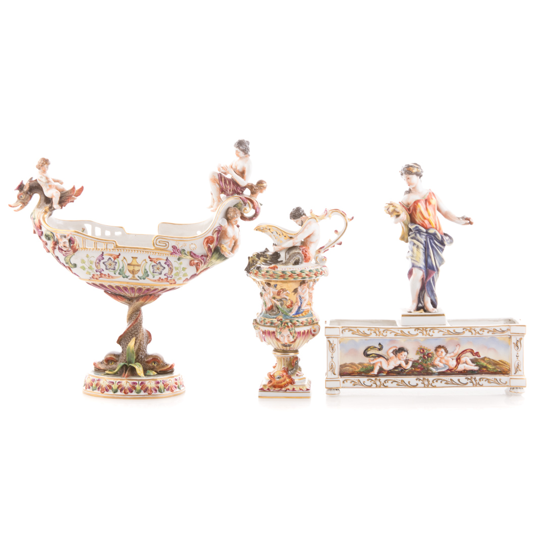 Appraisal: Three Capodimonte porcelain objects classical style figural objects including ewer