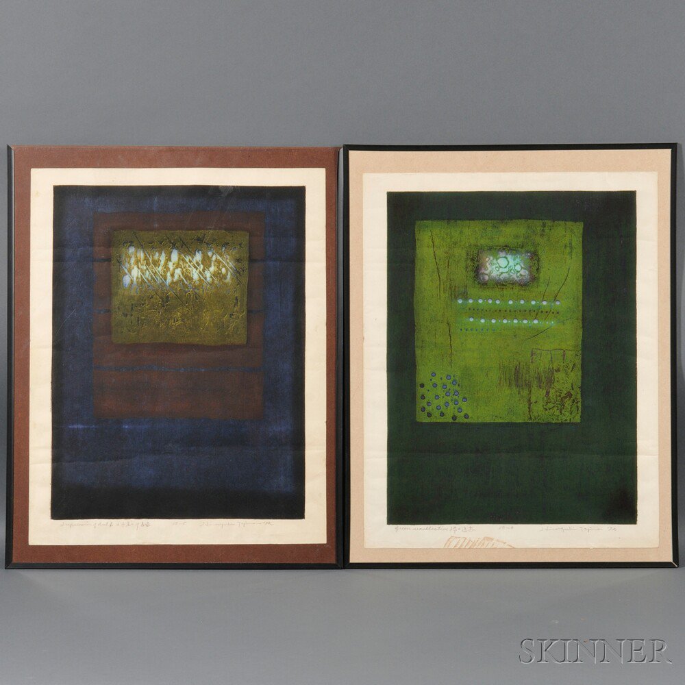 Appraisal: Hiroyuki Tajima - Two Color Woodblock Prints Japan Green Recollection