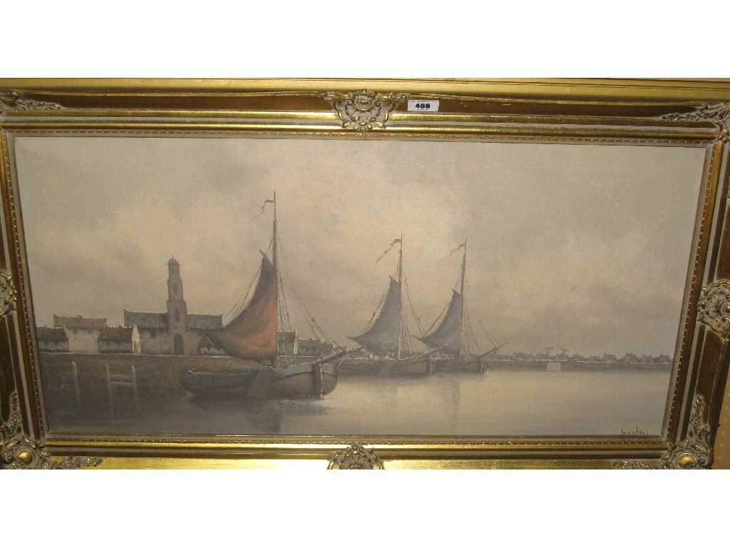 Appraisal: Oil on canvas Dutch harbour scene