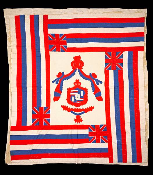 Appraisal: A Hawaiian quilt The textile with patriotic motifs fragmentary or