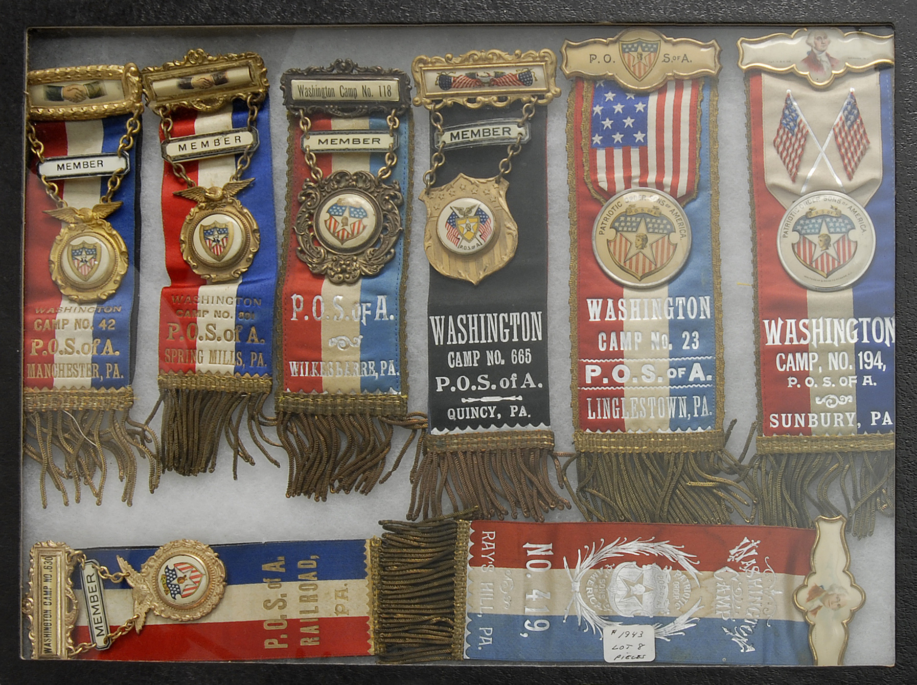 Appraisal: EIGHT FRAMED PATRIOT ORDER SONS OF AMERICA ENCAMPMENT BADGES Late