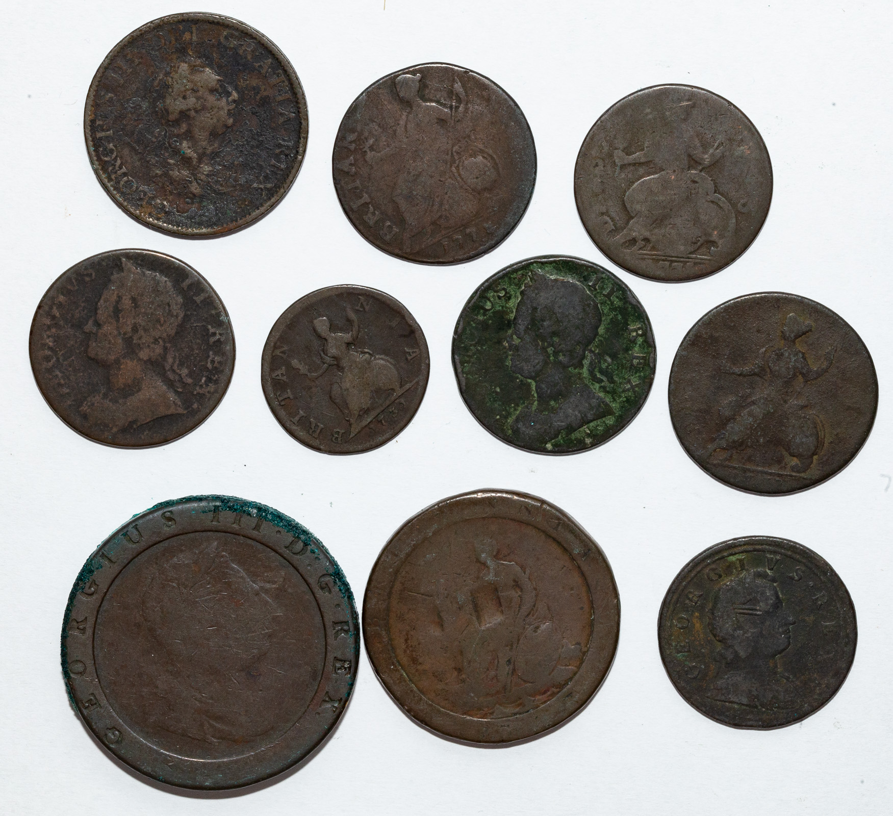 Appraisal: TEN TH CENTURY ENGLISH COPPER COINS George II Farthing -