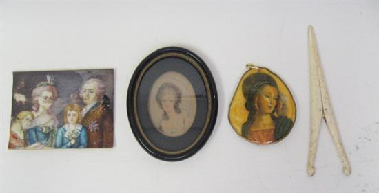 Appraisal: Four Items a bone glove stretcher a portrait miniature on