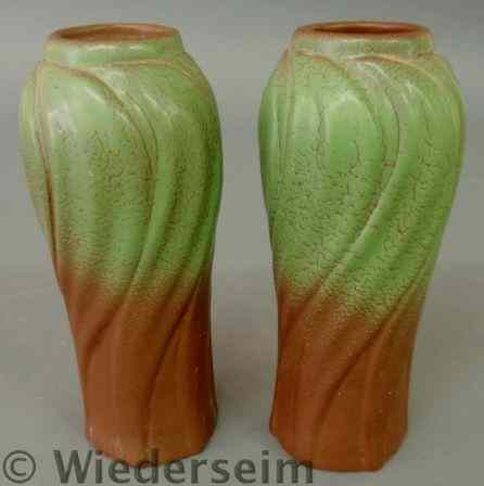 Appraisal: Pair of Art Nouveau green brown pottery vases signed Van