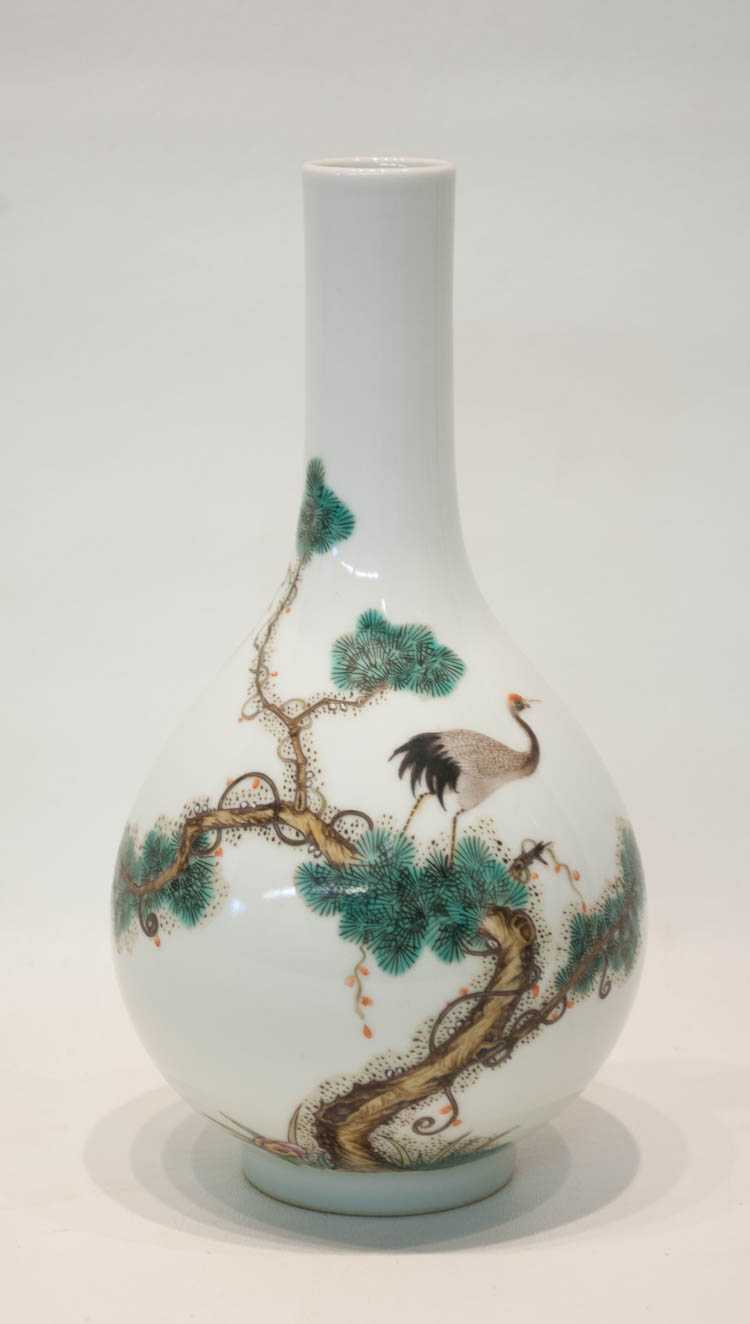 Appraisal: CHINESE PORCELAIN VASE bottle form featuring a red-headed crane in