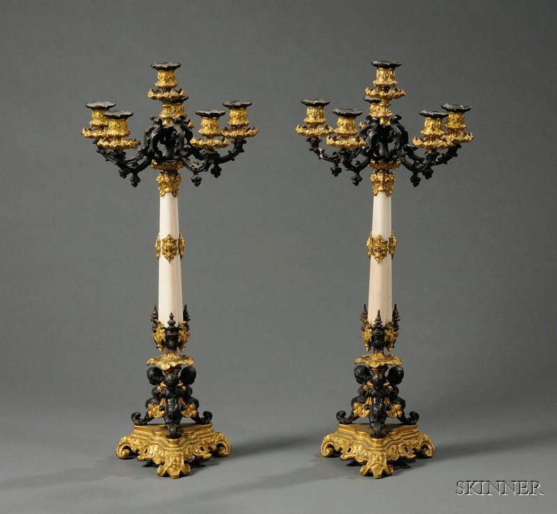 Appraisal: Pair of Renaissance Revival Parcel-gilt Bronze and Alabaster Six-light Candelabra