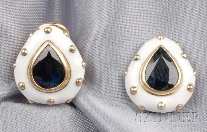 Appraisal: kt Gold Sapphire and Enamel Earclips David Webb each set