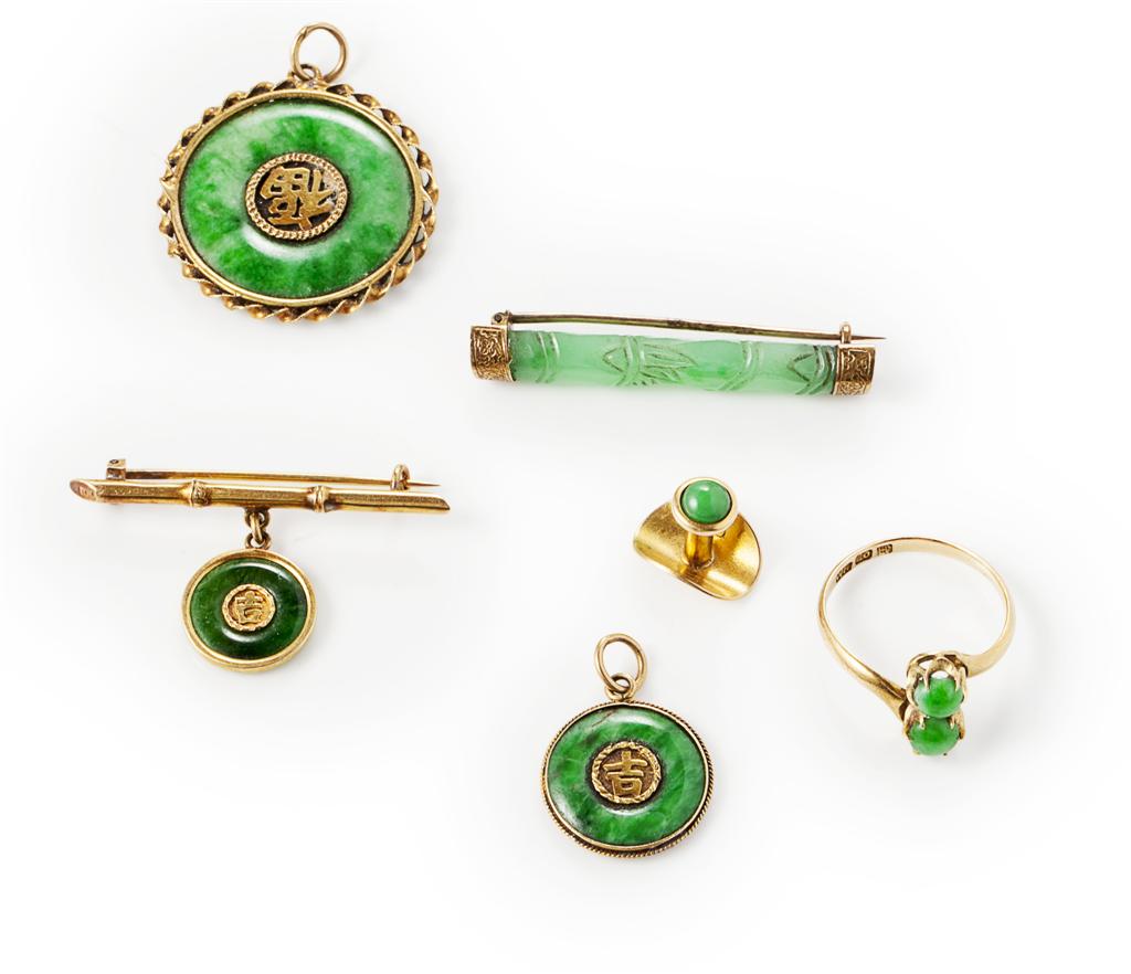 Appraisal: A collection of jade set jewellery to include two circular