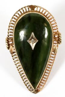 Appraisal: IMPERIAL PEAR-SHAPE JADE RING WITH INSET DIAMOND Imperial pear shape