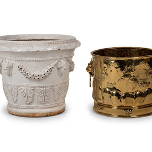 Appraisal: A White Glazed Pottery Jardini re and a Brass Jardini