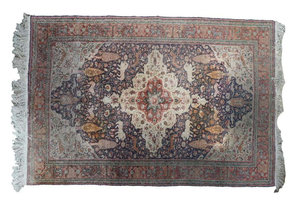 Appraisal: PERSIAN PICTORIAL RUGwool on cotton Condition heavy dirt stains need