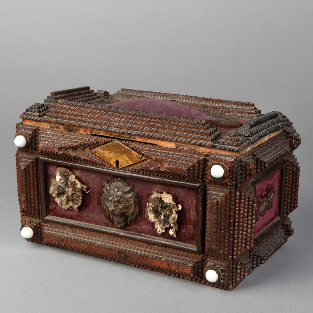 Appraisal: TRAMP ART WOOD AND VELVET LIDDED BOXTramp Art Wood and