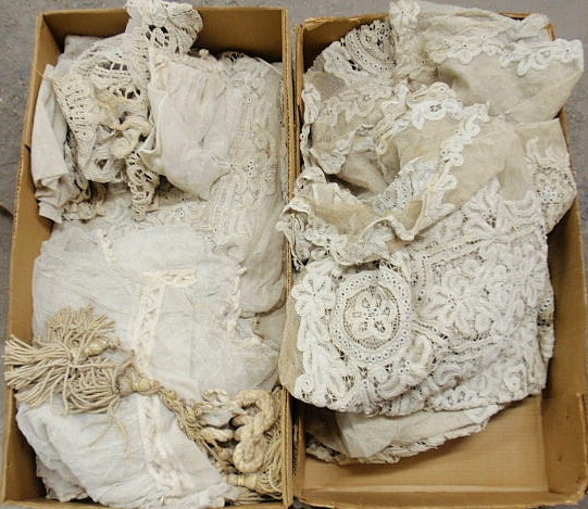 Appraisal: Box lot vintage lace- window panels bed cover misc pieces