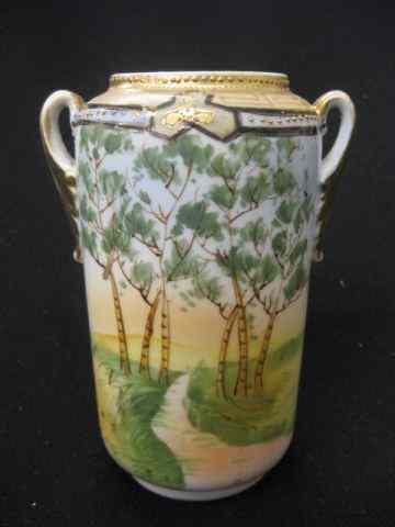 Appraisal: Nippon Handpainted Porcelain Vase satin finish landscape gold trim ''