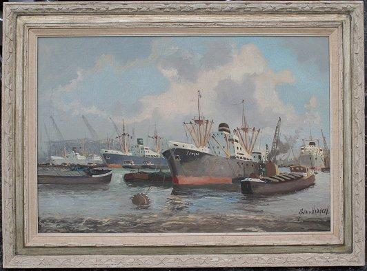 Appraisal: LARGE HARBOR SCENE SIGNED VERVEEN OIL Canvas '' x ''