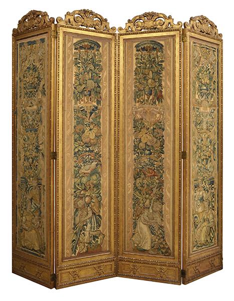 Appraisal: LARGE GILT WOOD FRAMED TAPESTRY INSET SCREEN four elaborate gilt