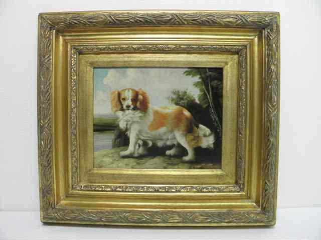 Appraisal: Oil on canvas painting depicting a small dog Signed lower