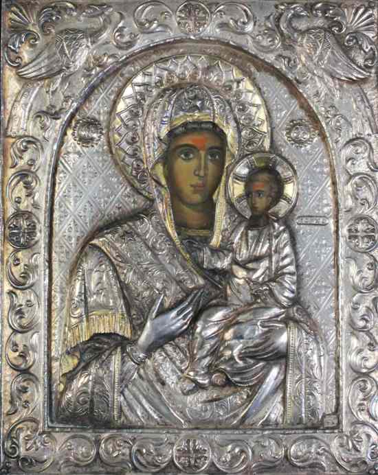 Appraisal: Catraro Goffredo silver overlaid oil on canvas Icon of the