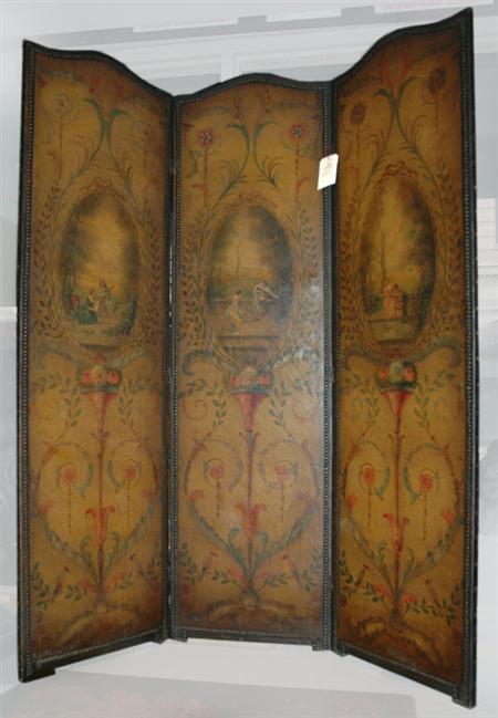 Appraisal: Louis XVI Style Painted Canvas Three-Panel Screen Estimate -