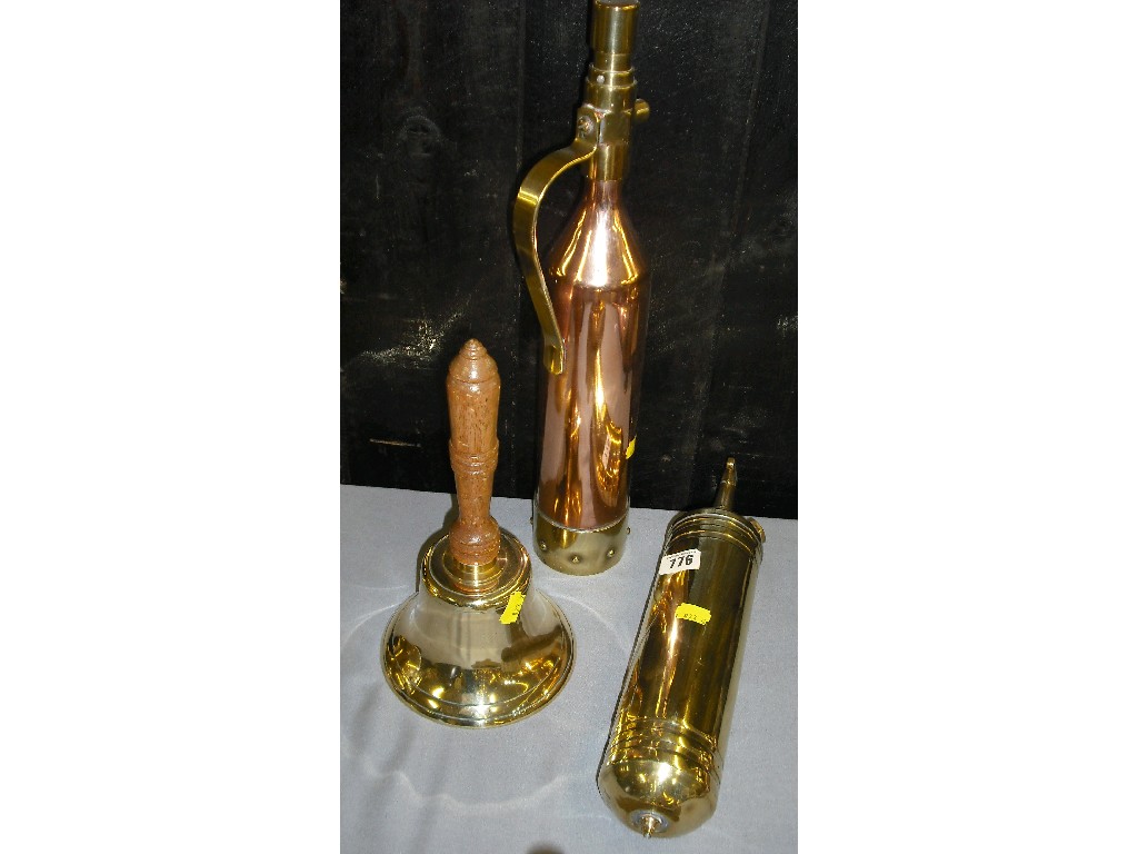 Appraisal: Copper and brass hand-held fire extinguisher high together with a