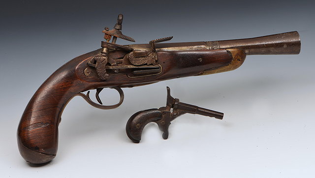 Appraisal: AN ANTIQUE CONTINENTAL FLINT LOCK PISTOL with flared barrel stamped