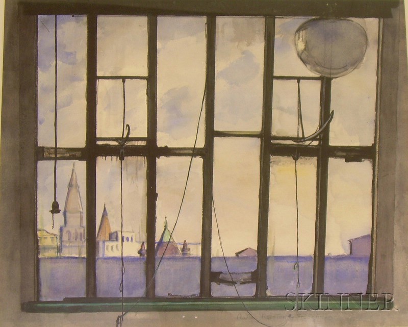 Appraisal: Framed Watercolor on Paper View Through Window to the Harbor