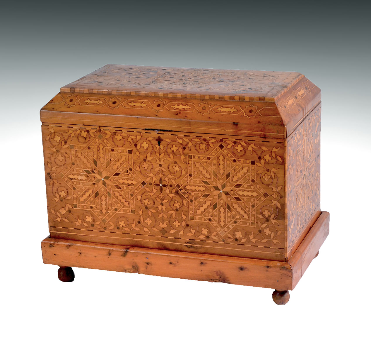 Appraisal: INLAID CONTINENTAL CHEST CAMPHORE Heavily inlaid continental marquetry chest with