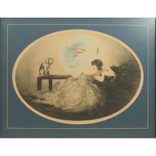 Appraisal: Framed Louis Icart - Etching Etching contained within oval mat