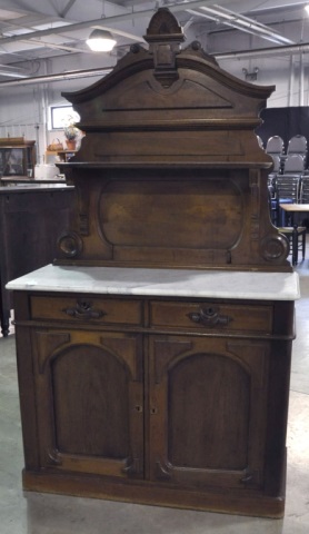 Appraisal: Walnut Victorian Marble Top ServerHaving elaborately carved pediment with shelf