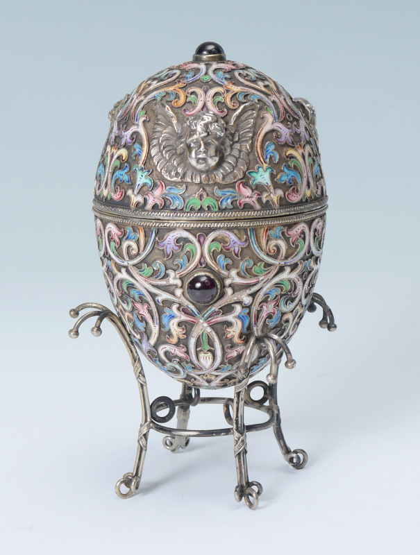 Appraisal: MARIA SEMENOVA ENAMELED RUSSIAN SILVER EGG Hallmarked with Maria Semenova