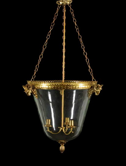 Appraisal: Large French Reticulated Brass and Blown Glass Hall Lantern in