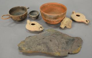 Appraisal: Tray lot to include two Roman clay oil lamps handled