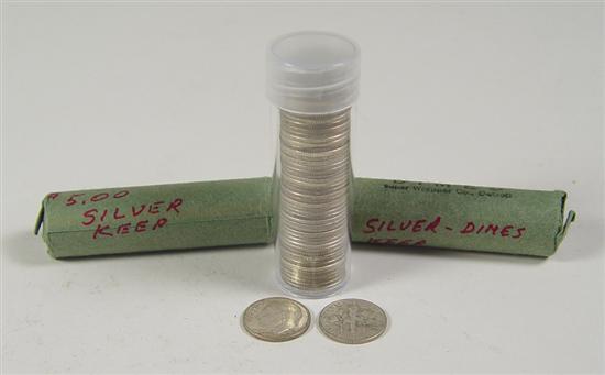 Appraisal: Three Rolls Silver Roosevelt Dimes Three rolls of Silver Roosevelt