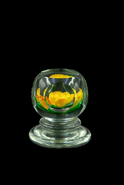 Appraisal: John Choko Yellow Flower Faceted Paperweight John Choko Yellow Flower