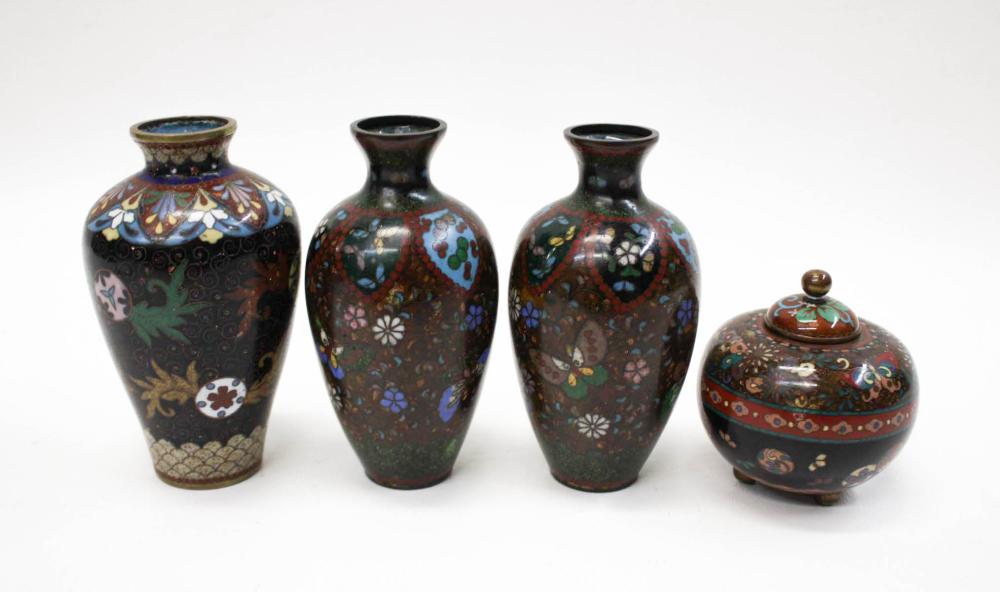 Appraisal: FOUR JAPANESE CLOISONNE VESSELS each finely decorated comprised of vase