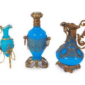 Appraisal: Three Gilt Metal Mounted Blue Opaline Articles TH CENTURY comprising