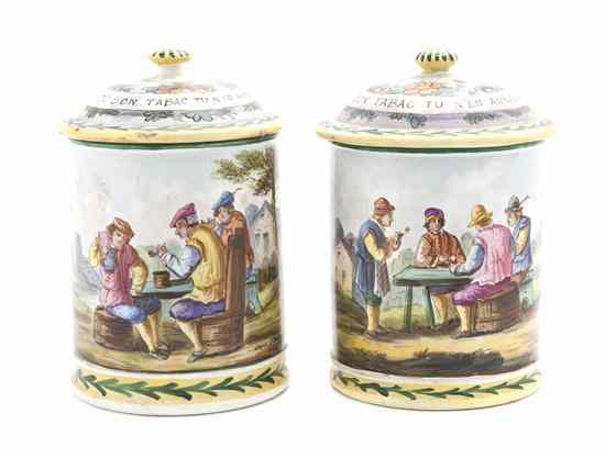 Appraisal: A Pair of French Faience Covered Tobacco Jars Lille each