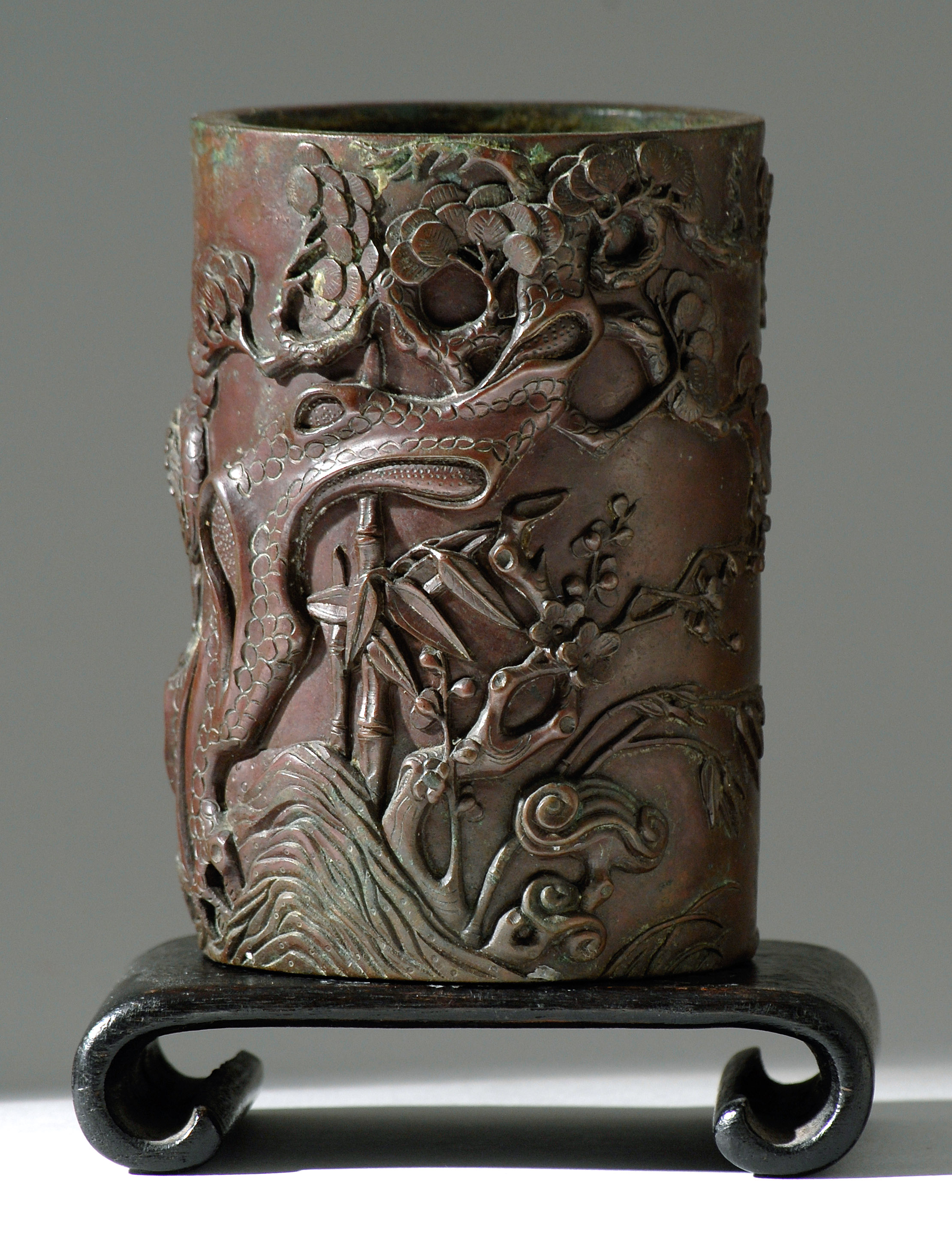 Appraisal: BRONZE BRUSH POT Qianlong Mark and PeriodIn cylinder form with