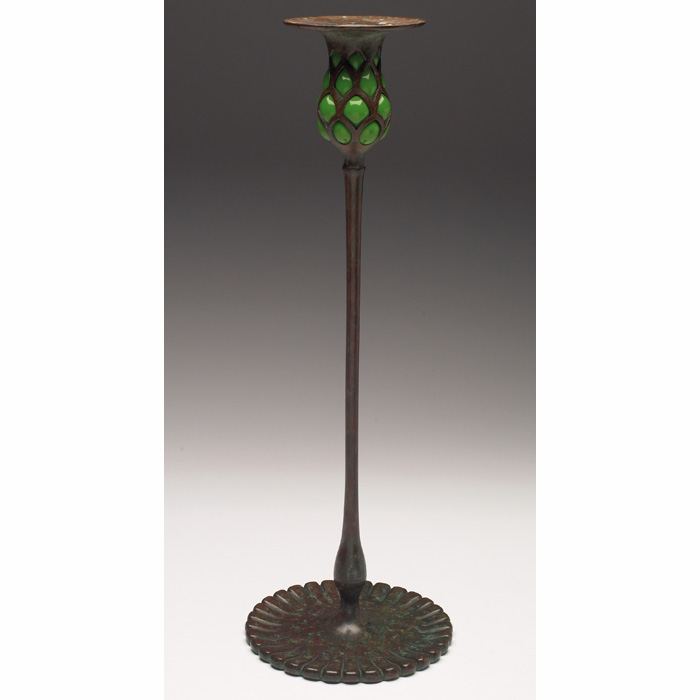 Appraisal: Exceptional Tiffany Studios candlestick bronze with blown green favrile glass