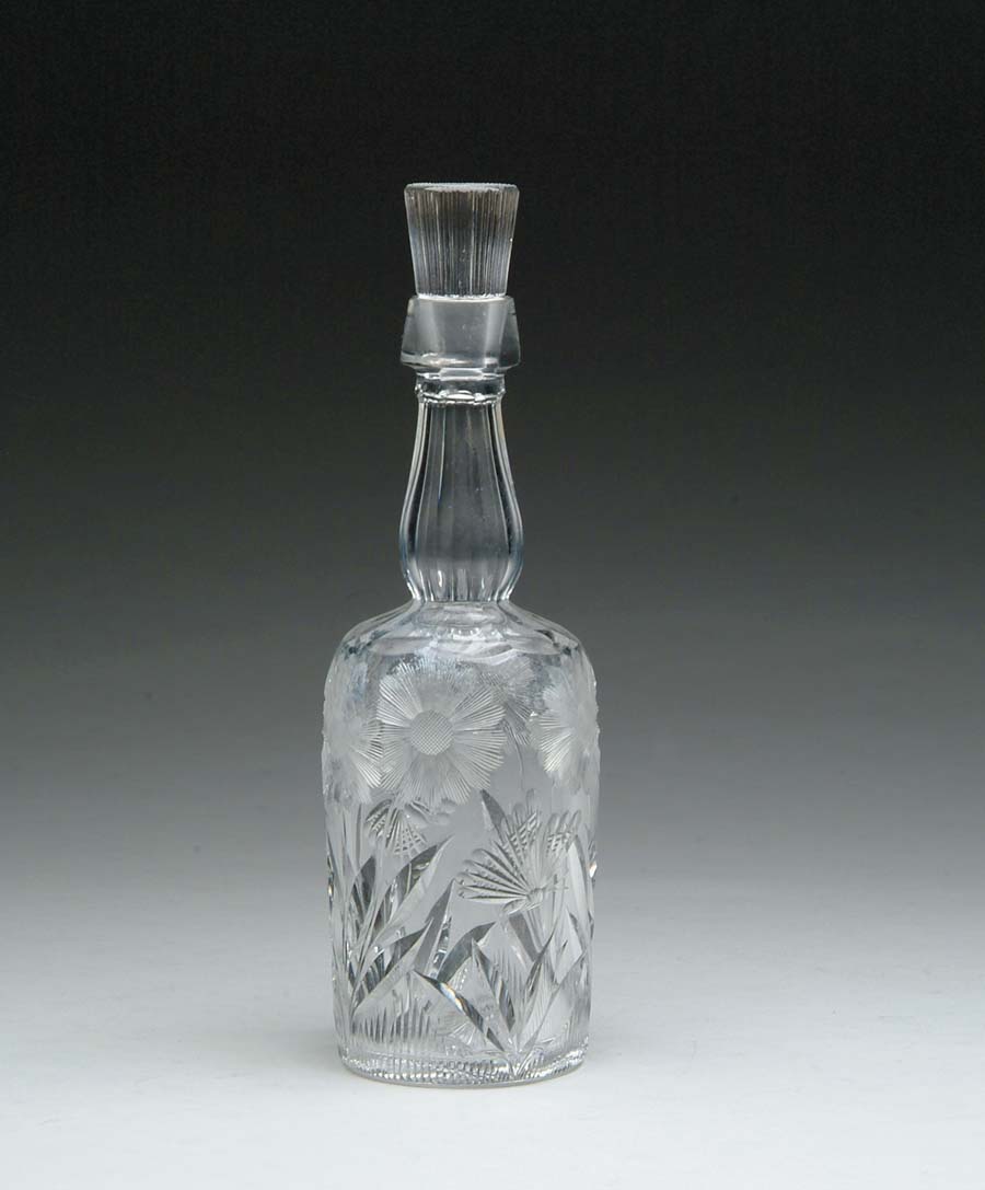 Appraisal: CUT GLASS DECANTER Large decanter has intaglio cut butterfly leaves