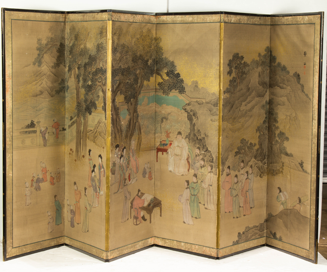 Appraisal: JAPANESE SIX-PANEL FOLDING SCREEN Japanese six-panel folding screen painted with